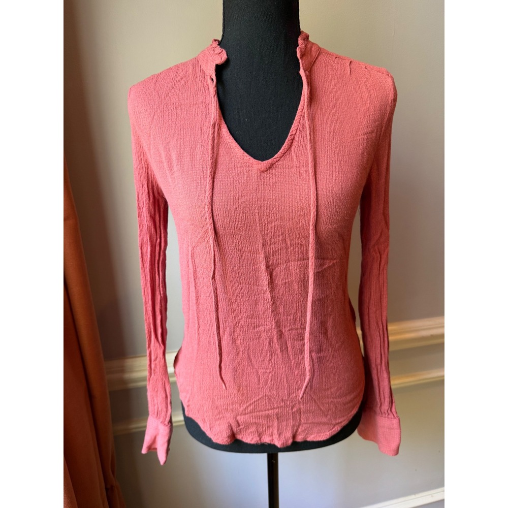 Hinge Pink Textured Gauze Tie Neck Blouse XXS Boho Long Sleeve‎ Top
